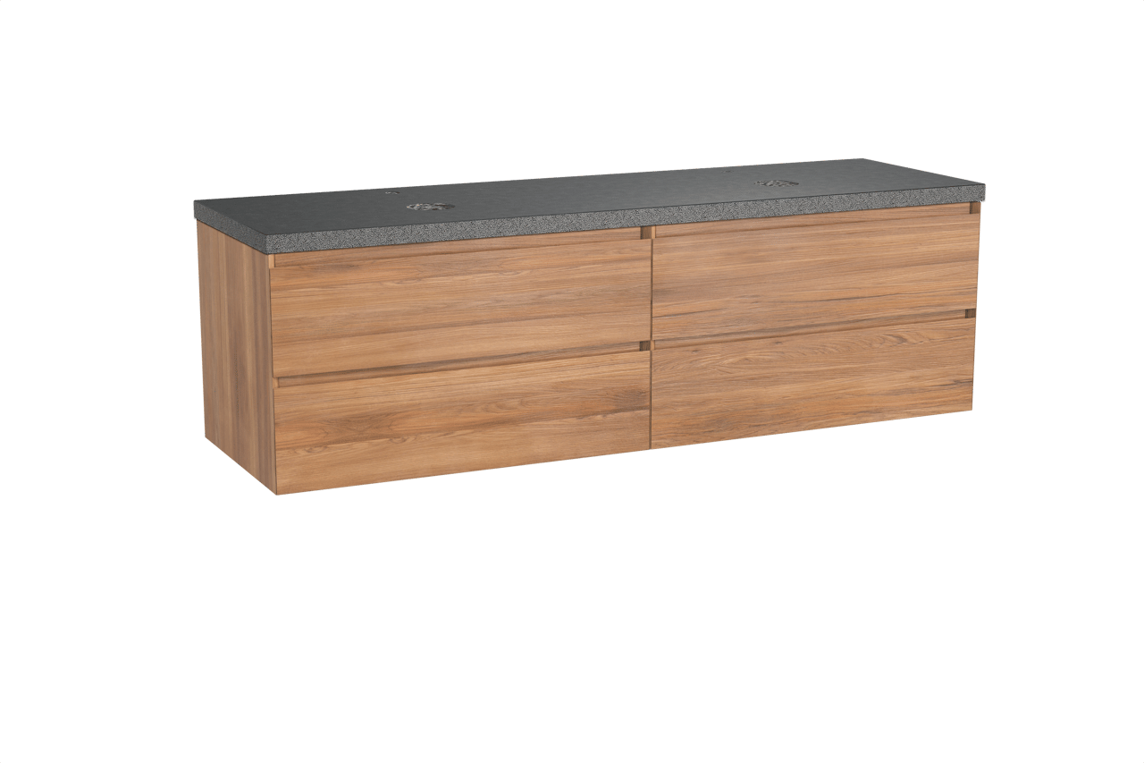 Balmani Mitra hängendes Möbelstück Set: 180 x 55 cm, Teak, mit Rock Doppel Waschtischplatte, Schwarzes Granit