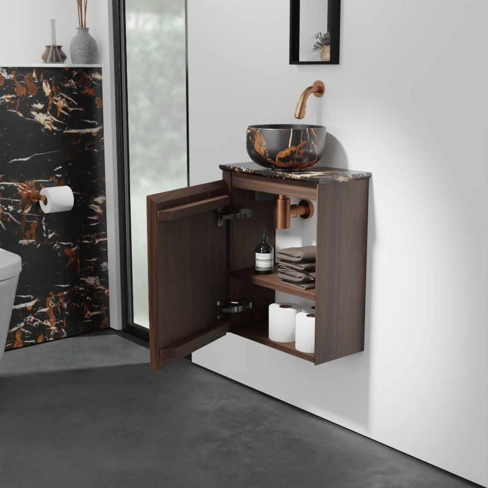 Balmani Mitra meuble wc suspendu 42 x 21 cm noyer américain avec Facetta tablette et Bowl vaque à poser en marbre Portoro Gold