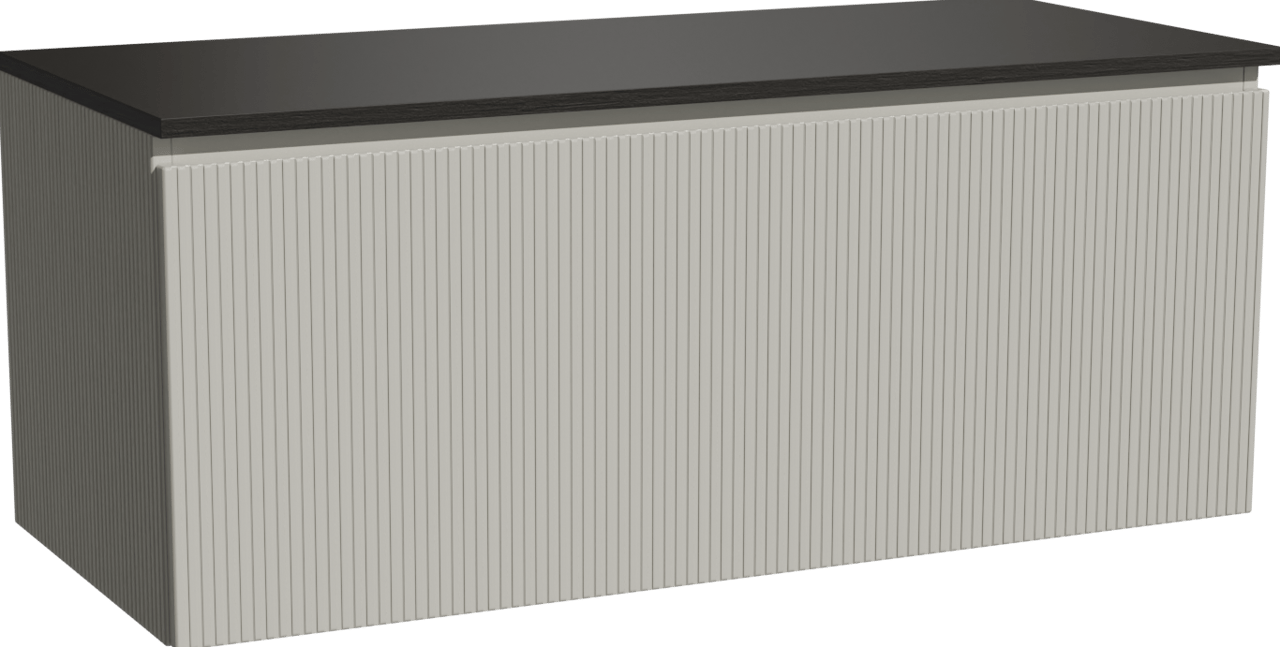 Storke Ribs zwevend badmeubel 120 x 52 cm zijdegrijs met Panton enkel of dubbel wastafelblad in gepoedercoate mdf mat zwart, Verticale symmetrische rechte ribbel