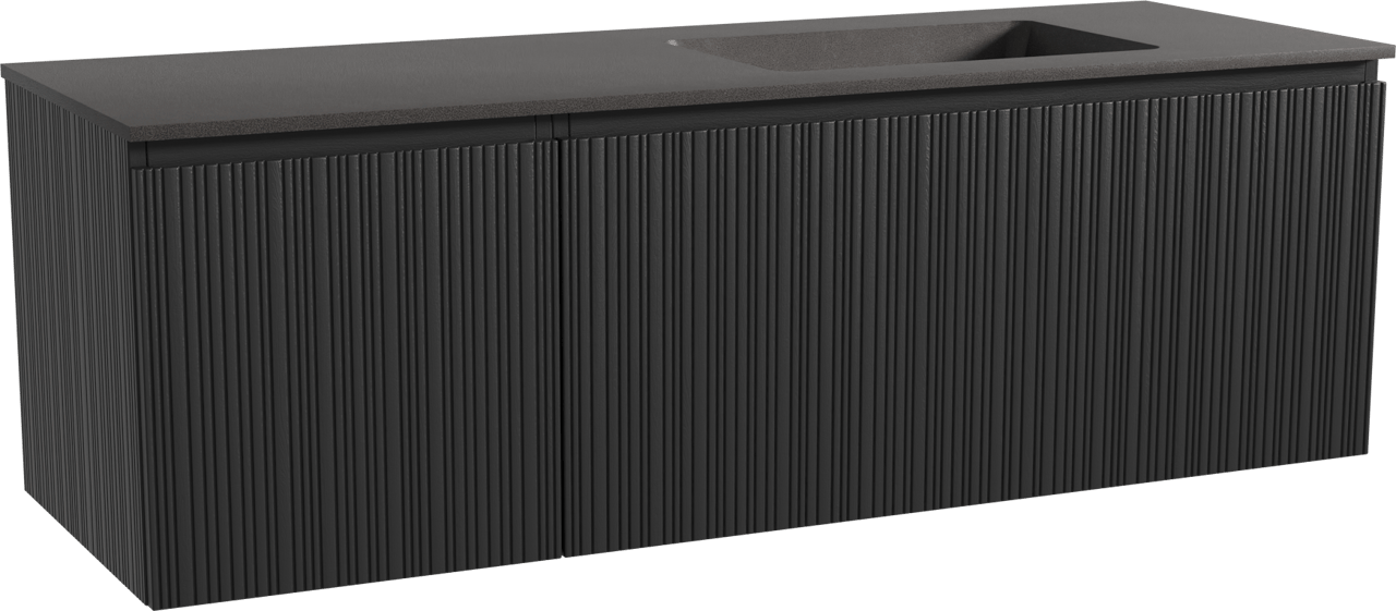 Storke Ribs zwevend badmeubel 150 x 52 cm zwart eiken met Scuro asymmetrisch rechtse wastafel in kwarts mat zwart, Verticale asymmetrische rechte ribbel