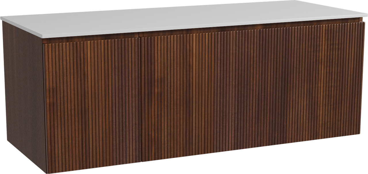 Storke Ribs zwevend badmeubel 130 x 52 cm notenhout met Tavola enkel of dubbel wastafelblad in solid surface mat wit, Verticale symmetrische rechte ribbel