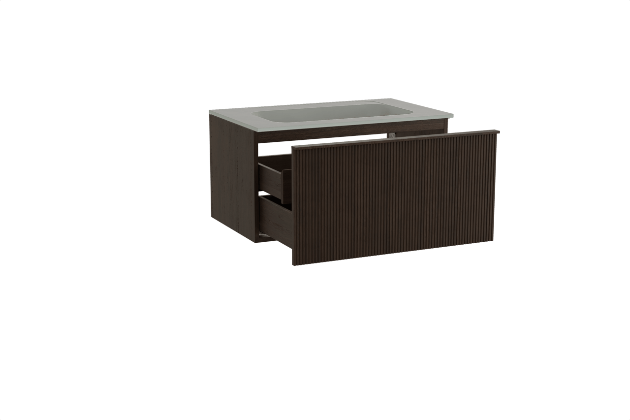 Balmani Forma meuble salle de bains suspendu 90 x 55 cm chêne fumé avec Tablo Strada plan simple en marbre composite soie grise, Nervure droite symétrique verticale