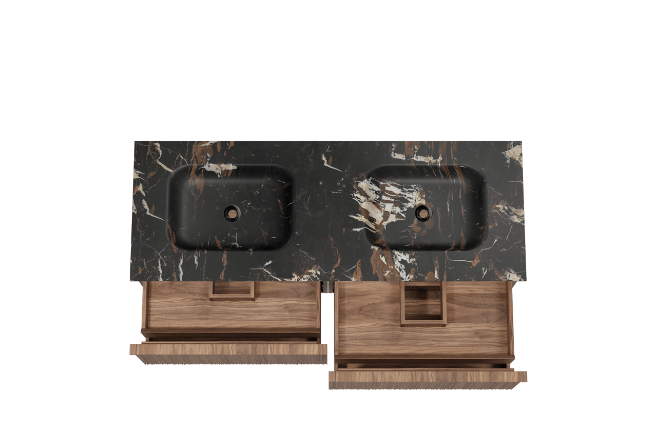 Balmani Forma hängendes Möbelstück Set: 150 x 55 cm, Amerikanischer Nussbaum, mit Tablo Arcato Doppelwaschtisch, Marmor, Portoro Gold, Vertikale asymmetrische Runde Rippe