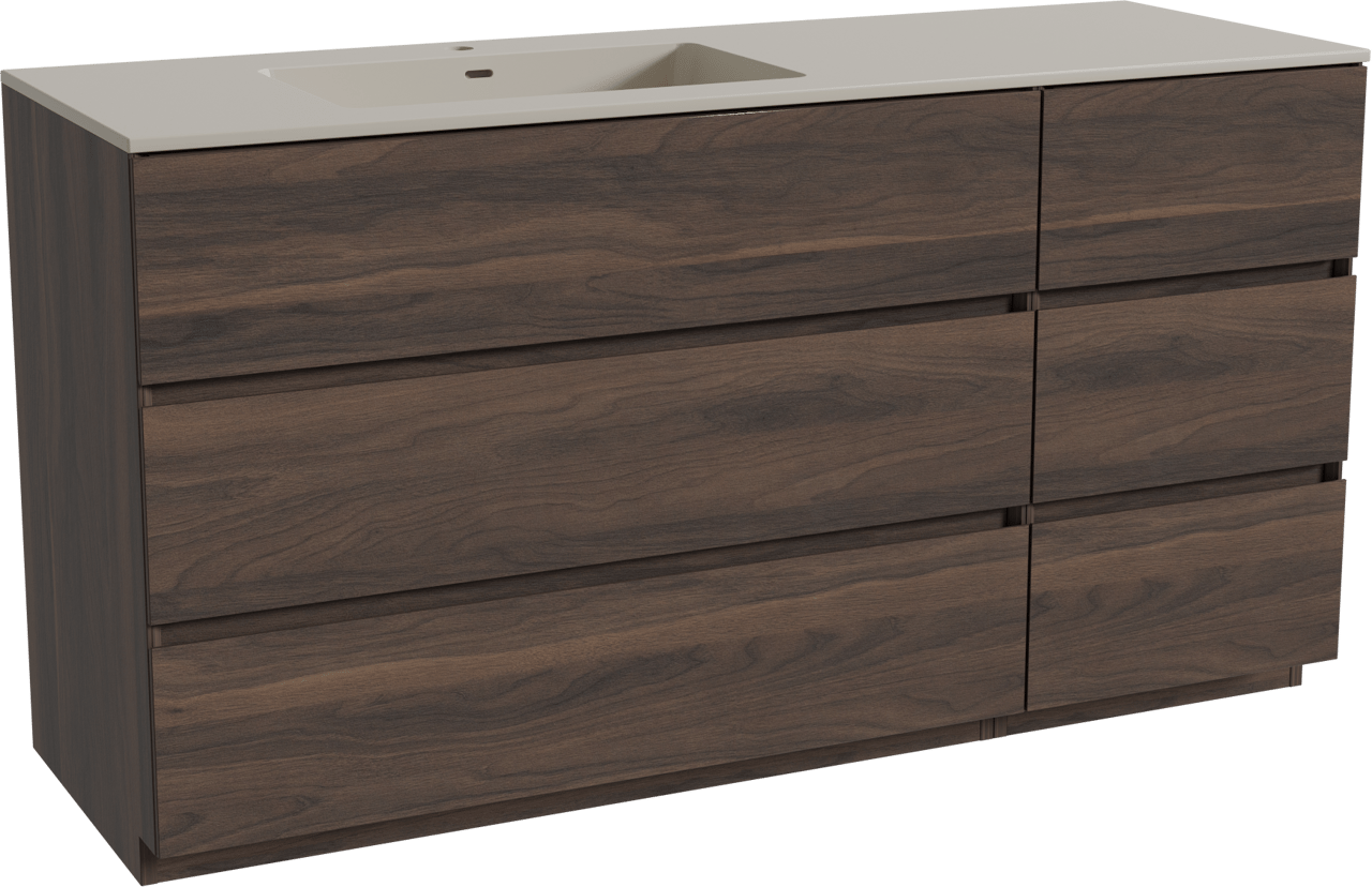 Storke Edge staand badmeubel 150 x 52 cm notenhout met Diva asymmetrisch linkse wastafel in top solid zijdegrijs