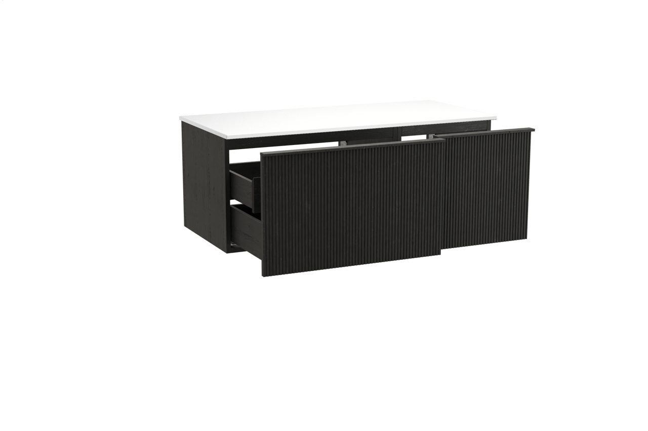 Balmani Forma hängendes Möbelstück Set: 120 x 55 cm, Schwarze Eiche, mit Stretto Einzel- oder Doppel Waschtischplatte, Solid Surface, Weiß matt, Vertikale symmetrische gerade Rippe