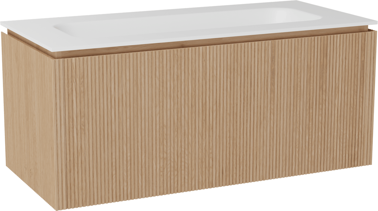 Balmani Eclips hängendes Möbelstück Set: 120 x 55 cm, Eiche Natur, mit Tablo Arcato Einzelwaschtisch mit 2 Bohrungen Solid Surface Weiβ matt, Vertikale symmetrische gerade Rippe