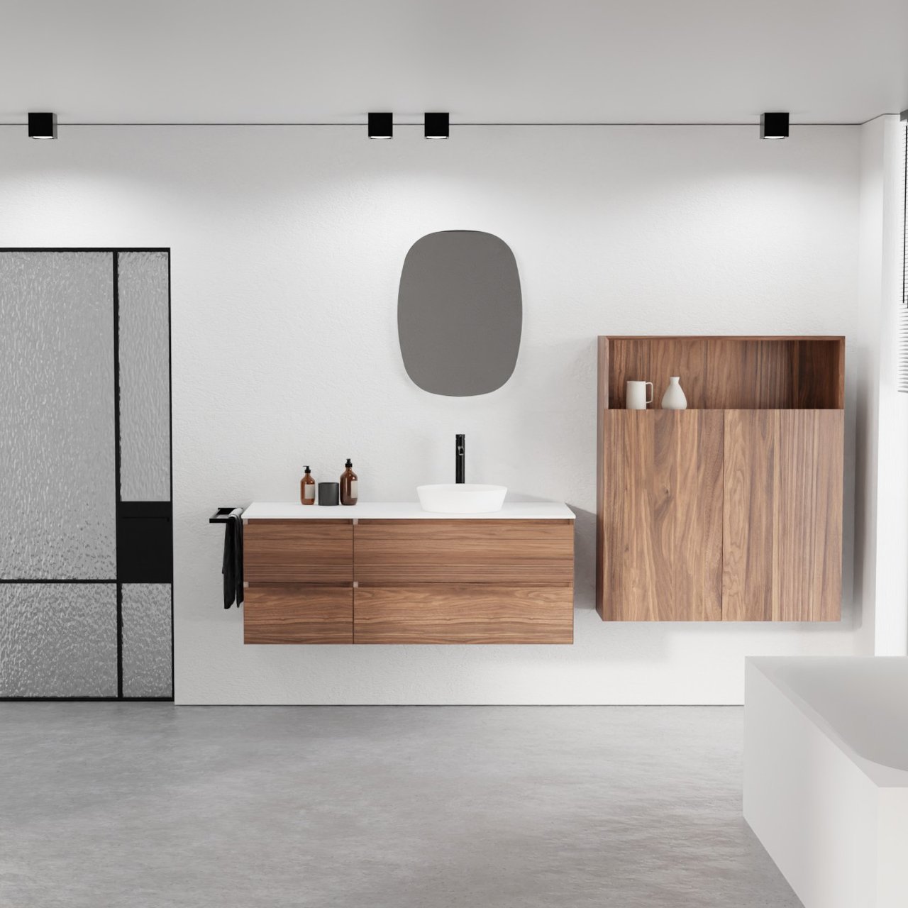 Balmani Mitra meuble salle de bains suspendu 135 x 55 cm noyer avec Stretto tablette simple ou double en solid surface blanc mat