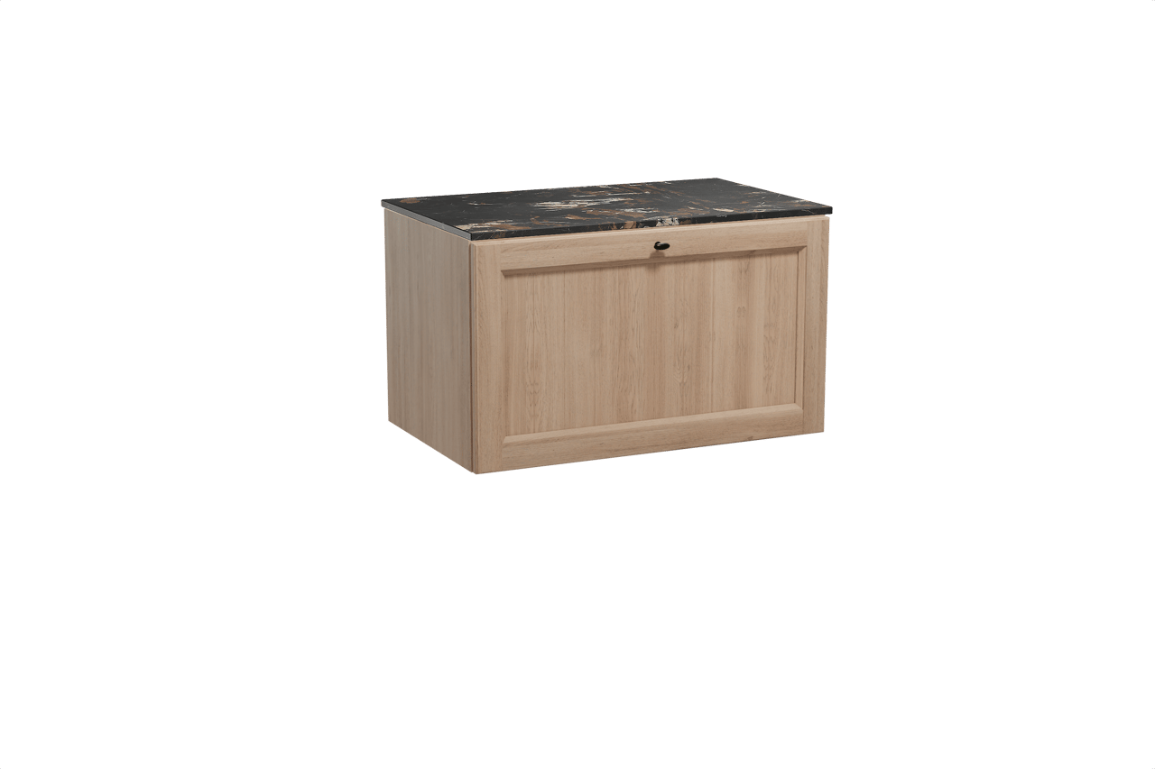 Balmani Lemon meuble salle de bains suspendu 90 x 55 cm chêne vieilli avec Stretto tablette simple en marbre portoro gold