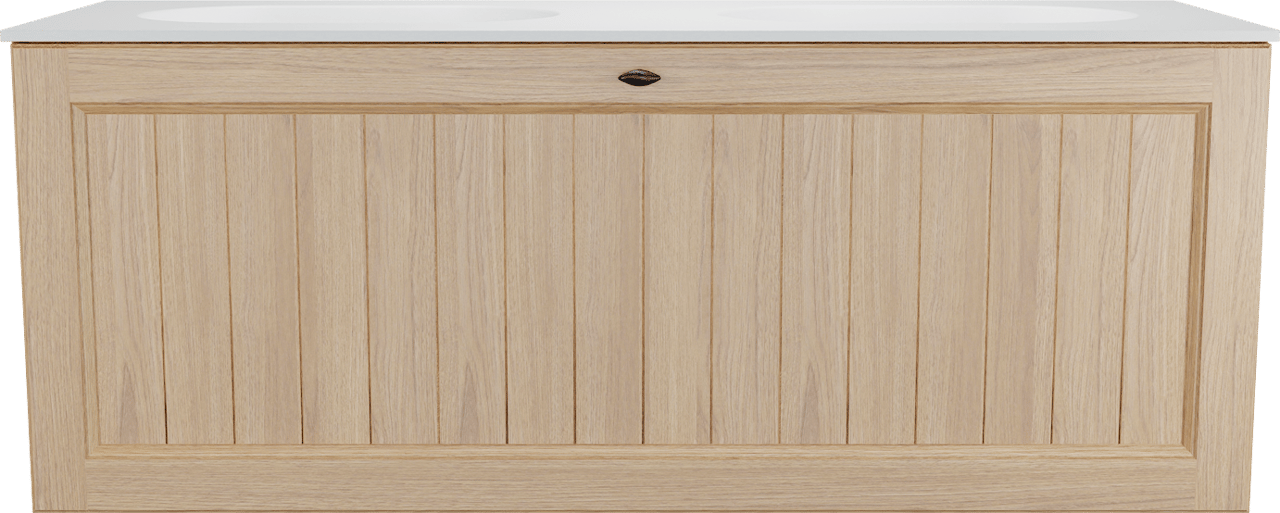 Balmani Lemon zwevend badkamermeubel 135 x 55 cm, fineer natuur eik met Tablo Oval dubbele wastafel in mat wit