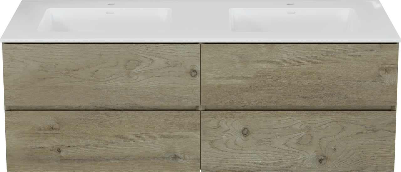 Storke Edge meuble salle de bains suspendu 150 x 52 cm chêne brut avec Bilia double vasque en marbre composite blanc brillant