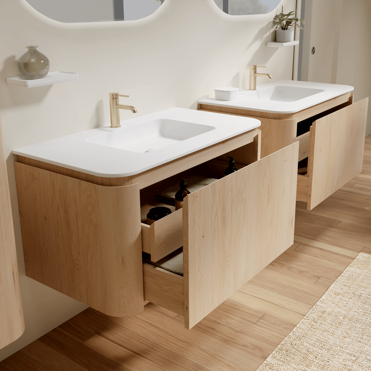 Balmani Moon hängendes Möbelstück Set: 100 x 55 cm, Naturbelassene Eiche, mit Moon Einzelwaschtisch, Solid Surface Weiß matt