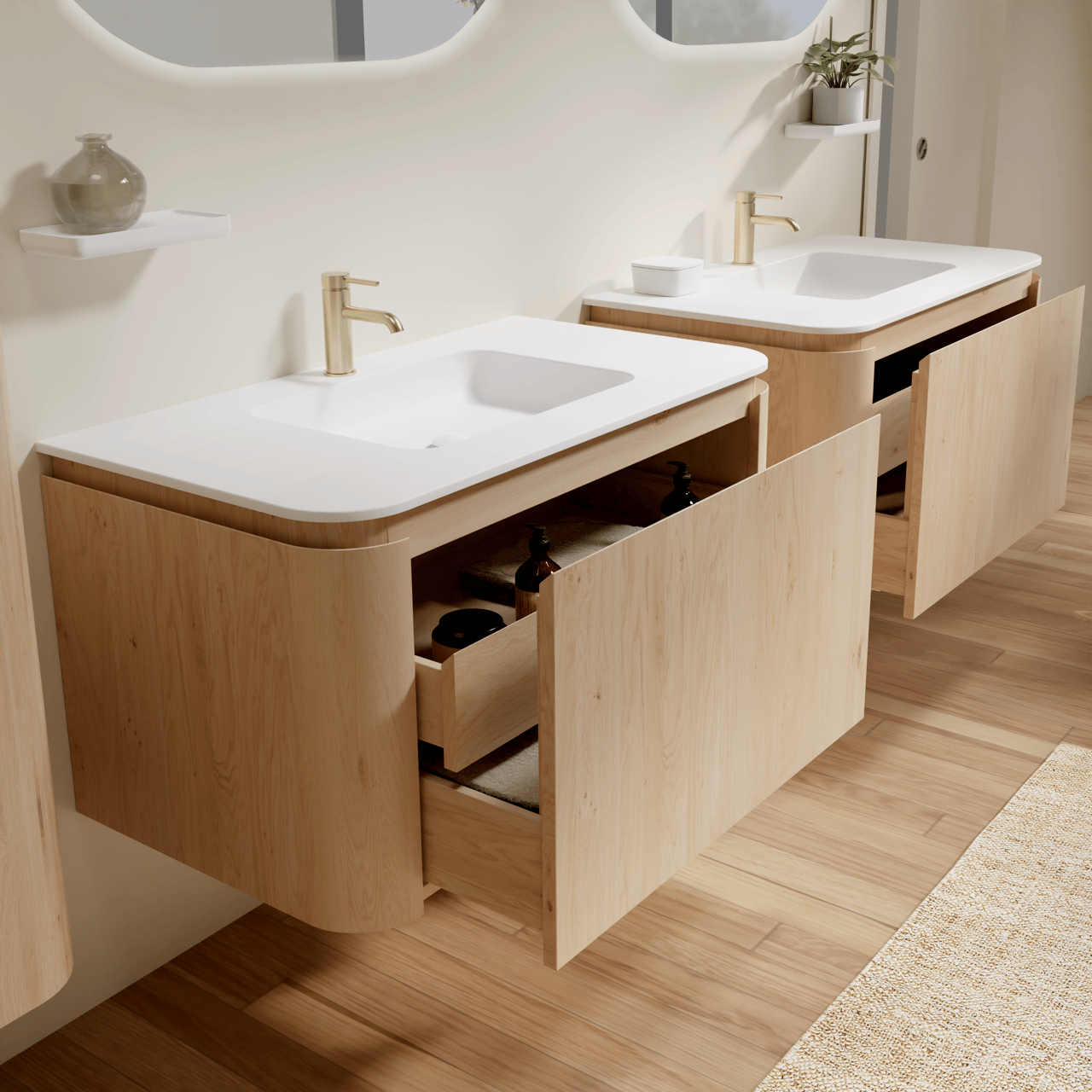 Balmani Moon meuble salle de bains suspendu 100 x 55 cm chêne naturel avec Moon plan simple en solid surface blanc mat