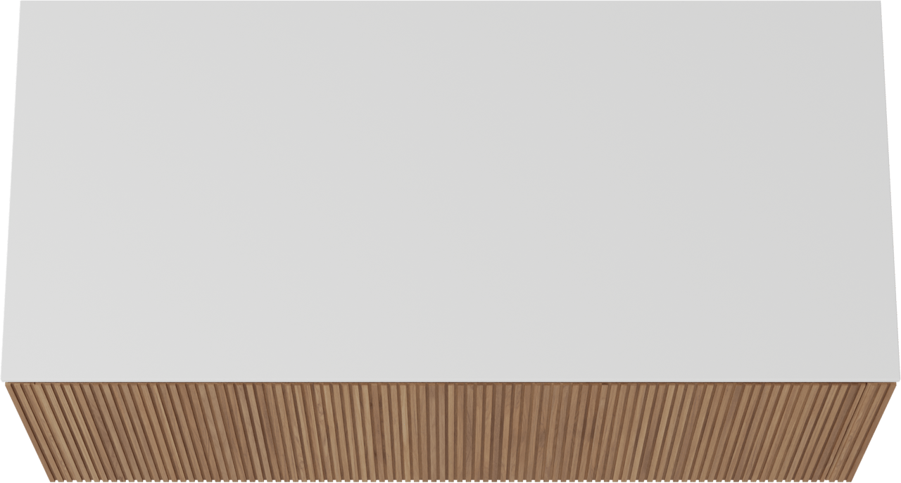 Balmani Eclips zwevend badkamermeubel 120 x 55 cm Teak met Stretto enkel of dubbel tablet in Solid Surface mat wit, Verticale symmetrische rechte ribbel