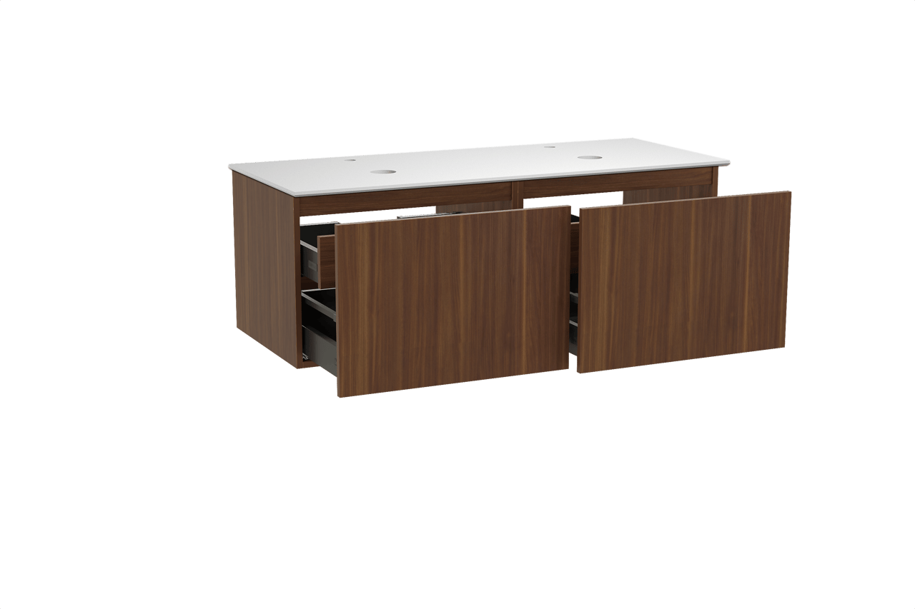 Balmani Sfera meuble salle de bains suspendu 135 x 55 cm noyer américain avec Facetta tablette double en solid surface blanc mat