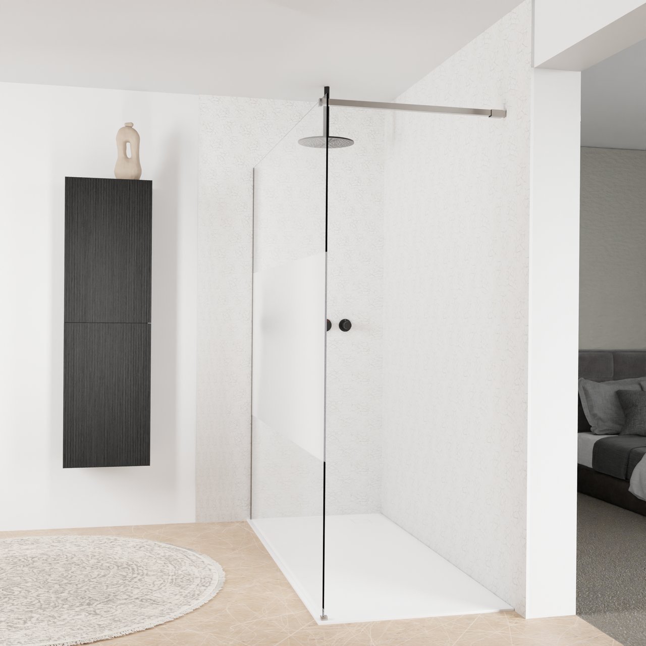 Balmani Modular Walk-In Dusche: 180 x 200 cm, Klarglas mit mattiertem Streifen, inklusive Coating, Profil Brushed Inox