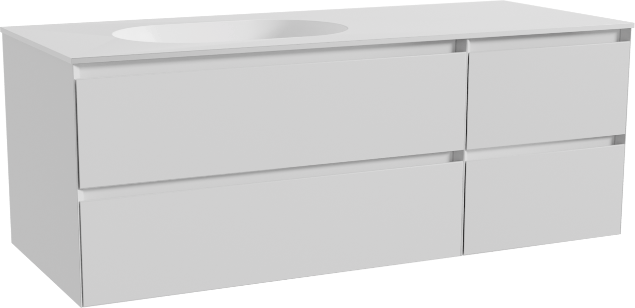Balmani Mitra hängendes Möbelstück Set: 135 x 55 cm, Weiß matt, mit Tablo Oval Waschtisch links, Solid Surface Weiß matt