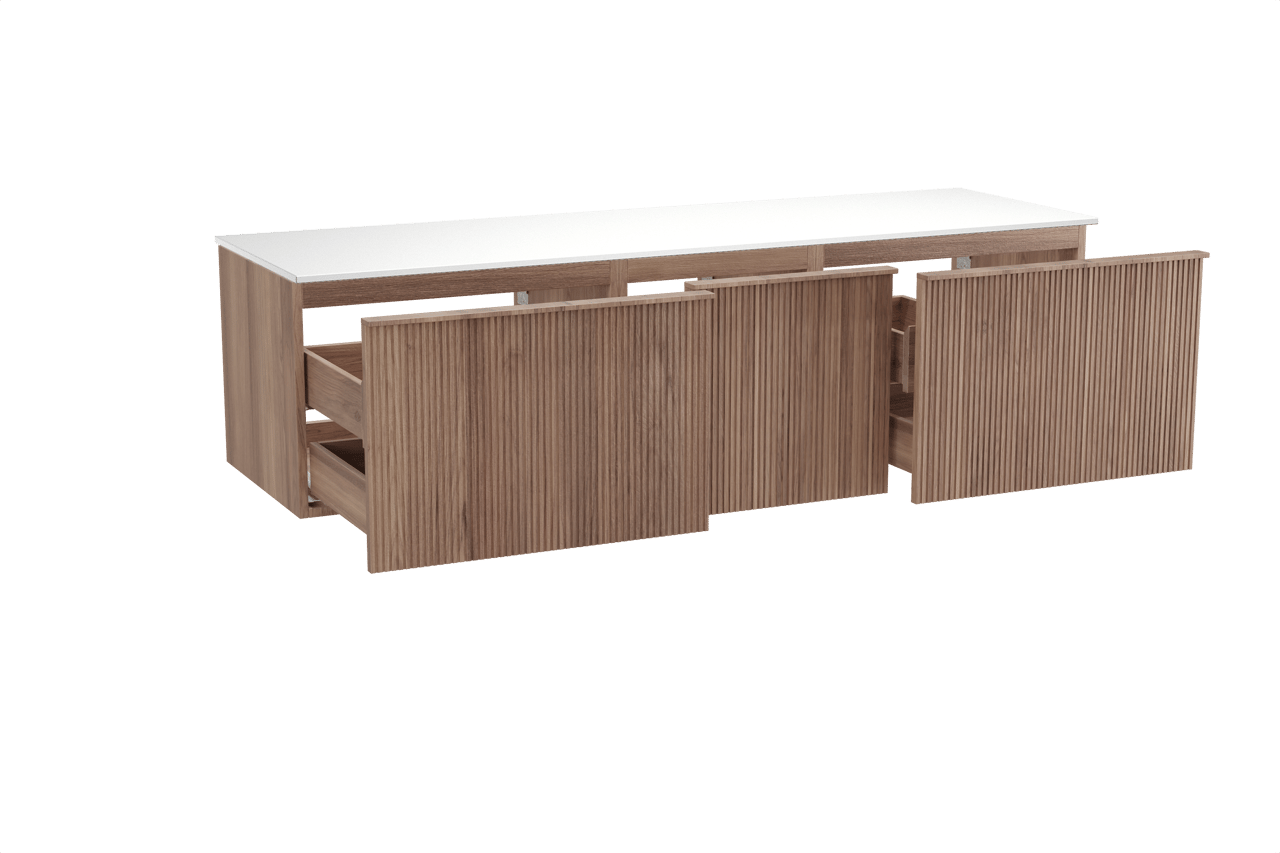 Balmani Forma zwevend badmeubel 180 x 55 cm teakhout met Stretto enkel of dubbel wastafelblad in solid surface mat wit, Verticale symmetrische rechte ribbel