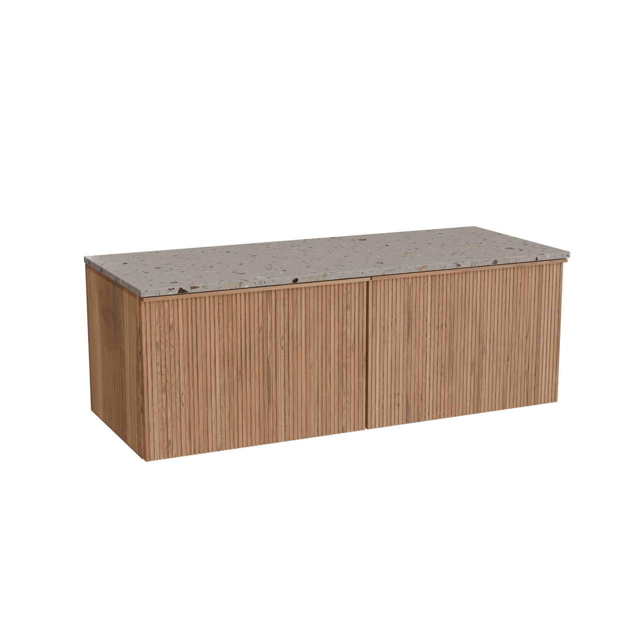 Balmani Forma zwevend badkamermeubel 135 x 55 cm teak met Stretto enkel of dubbel tablet in terrazzo greige terrazzo, Verticale symmetrische rechte ribbel