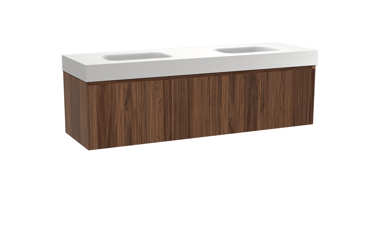 Balmani Idra hängendes Möbelstück Set: 180 x 55 cm, Nussbaum, mit Arcato Doppelwaschtisch, Solid Surface Weiß matt