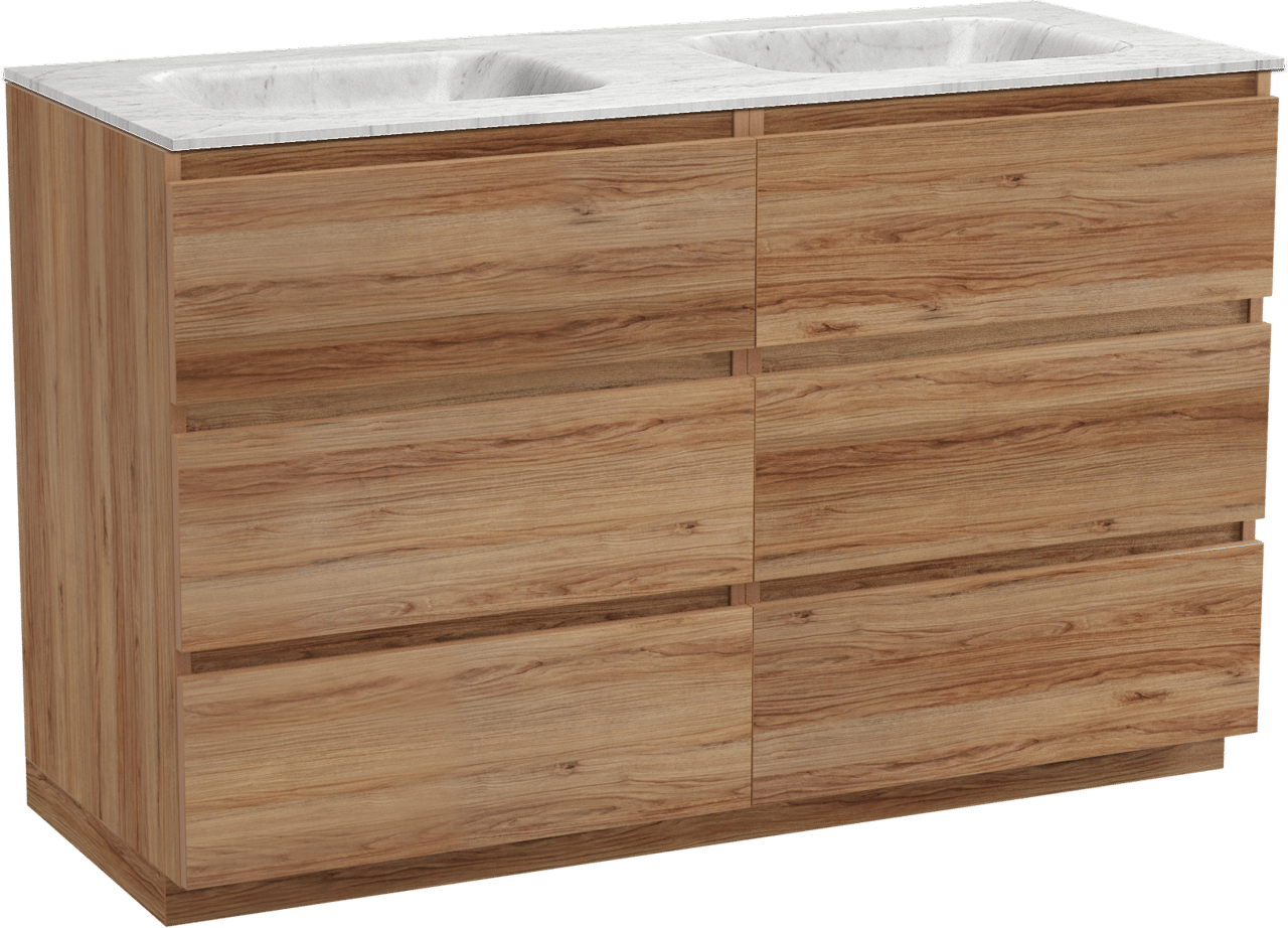 Balmani Lucida freistehendes Möbelstück Set: 135 x 55 cm, Teak, mit Tablo Arcato Doppelwaschtisch, Marmor Carrara