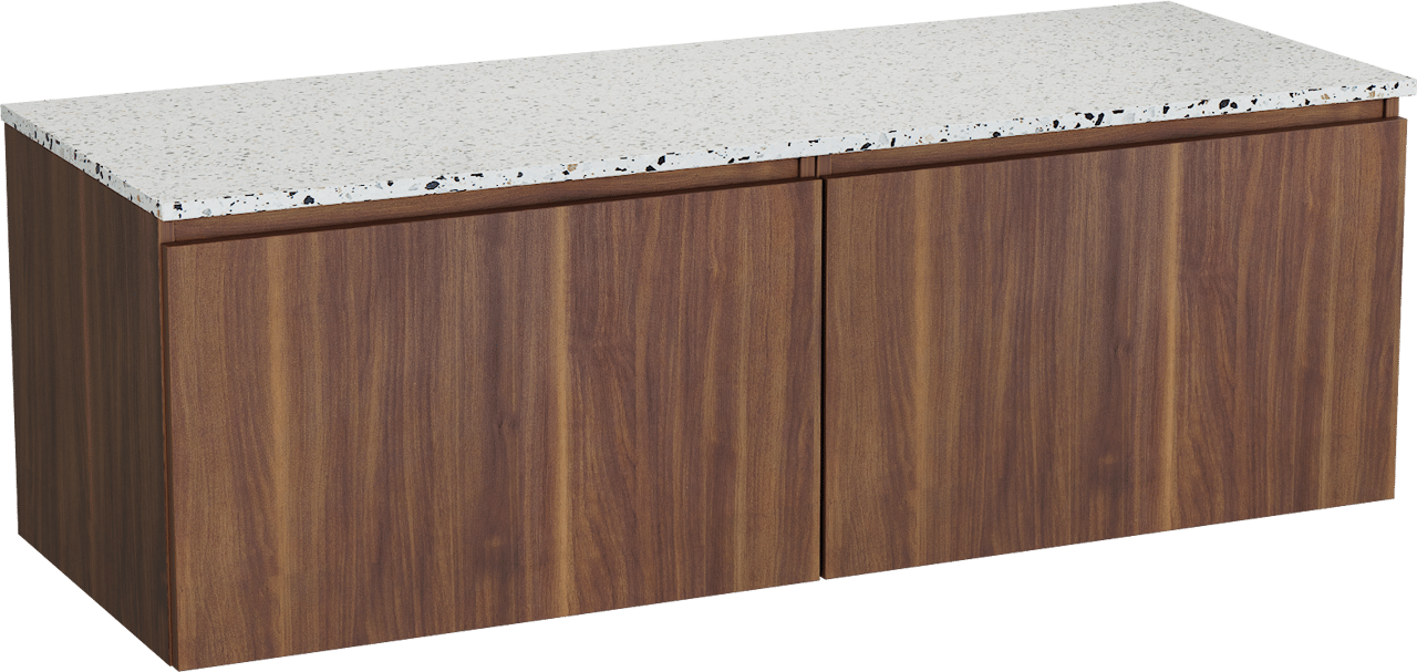 Balmani Sfera zwevend badmeubel 150 x 55 cm amerikaans notenhout met Stretto enkel of dubbel wastafelblad in mat wit/zwart terrazzo