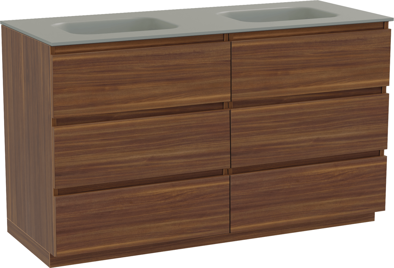 Balmani Lucida staand badmeubel 135 x 55 cm amerikaans notenhout met Tablo Arcato dubbele wastafel in solid surface steengrijs