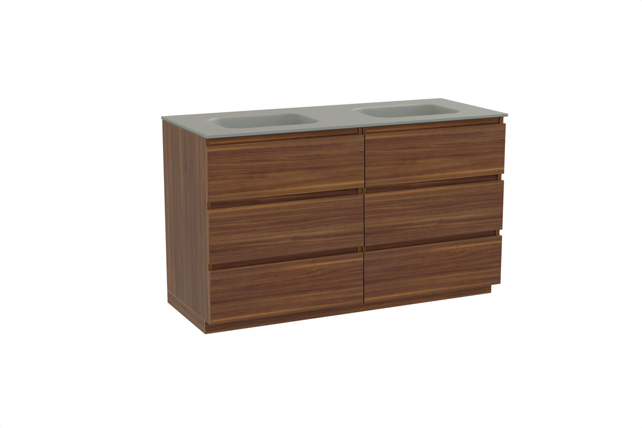 Balmani Lucida meuble salle de bains à poser 135 x 55 cm noyer américain avec Tablo Arcato double vasque en solid surface gris pierre