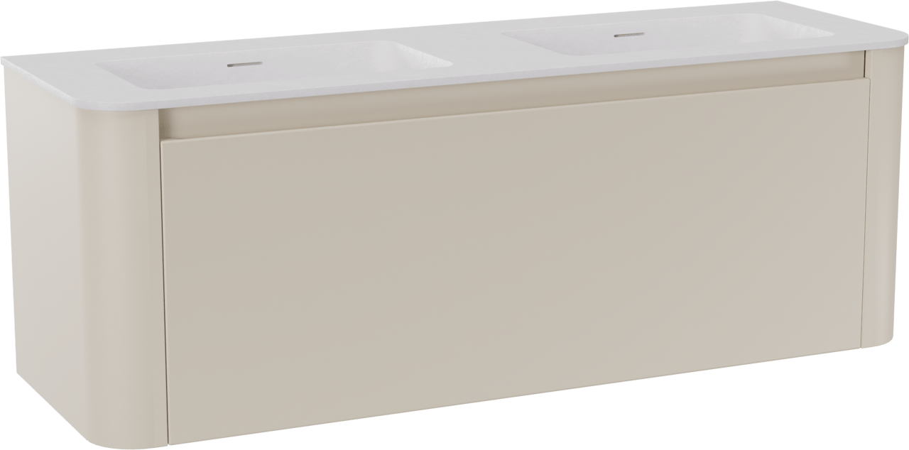 Storke Soft zwevend badkamermeubel 140 x 46 cm Sand mat met Mata Soft dubbele wastafel in solid surface mat wit