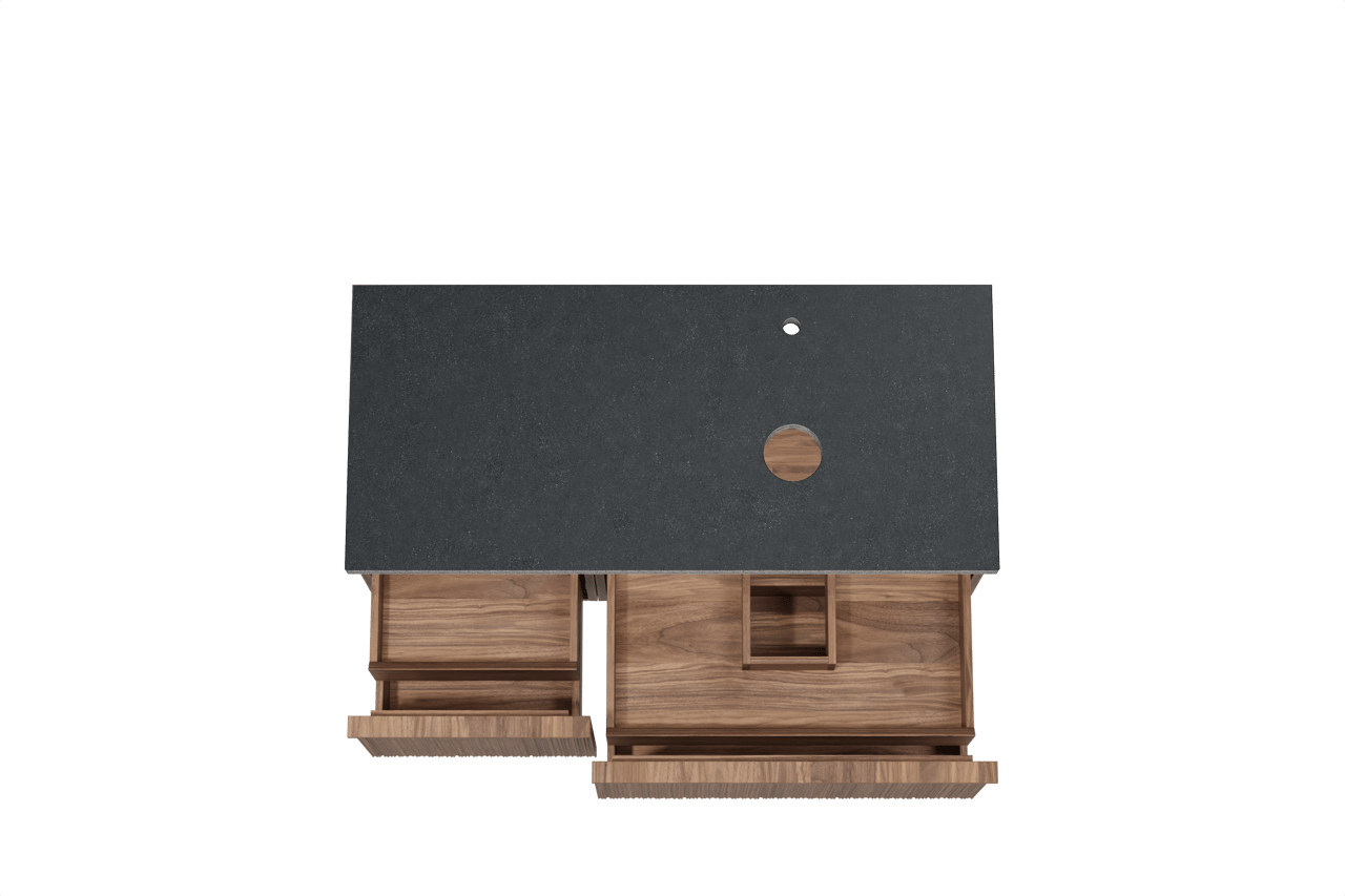 Balmani Forma hängendes Möbelstück Set: 120 x 55 cm, Amerikanischer Nussbaum, mit Rock Waschtisch rechts, Granit, Schwarzes Granit, Vertikale asymmetrische Runde Rippe