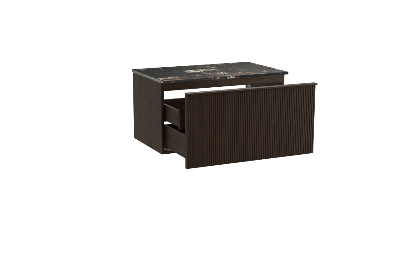 Balmani Forma hängendes Möbelstück Set: 90 x 55 cm, Geräucherte Eiche, mit Stretto Einzel Waschtischplatte, Marmor, Portoro Gold, Vertikale symmetrische gerade Rippe