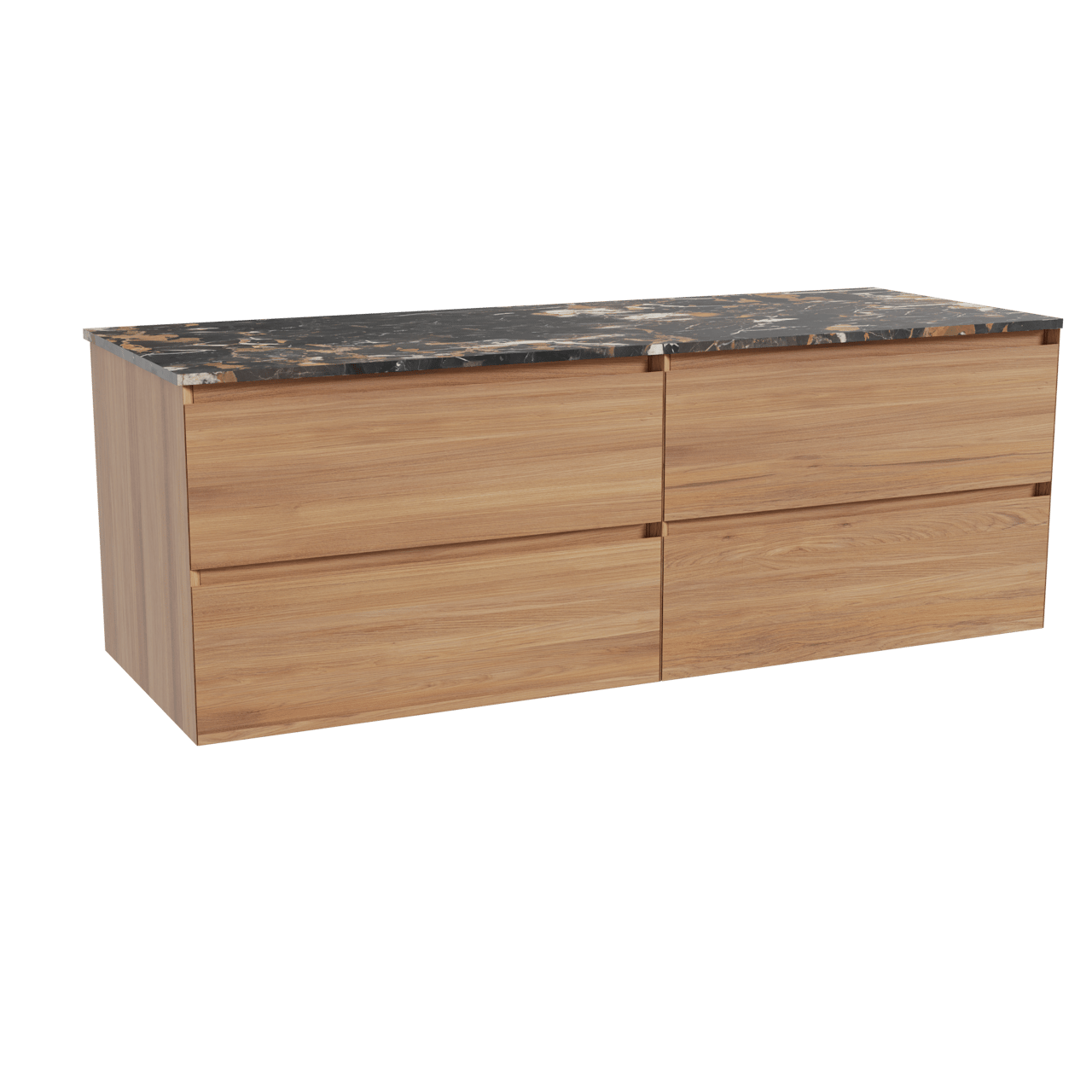 Balmani Mitra hängendes Möbelstück Set: 150 x 55 cm, Teak, mit Stretto Einzel- oder Doppel Waschtischplatte, Marmor Portoro Gold