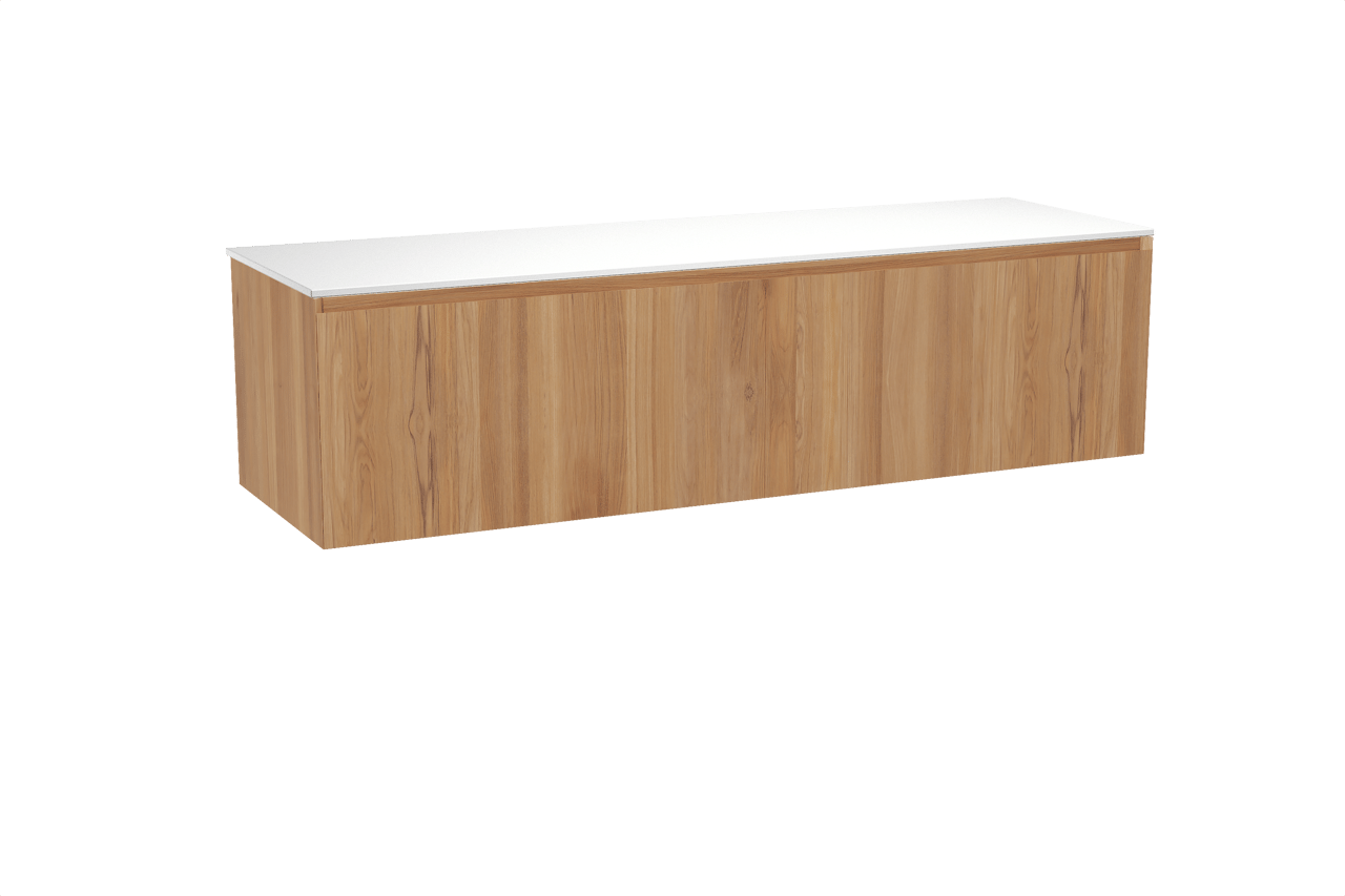 Balmani Idra hängendes Möbelstück Set: 180 x 55 cm, Teak, mit Stretto Einzel- oder Doppel Waschtischplatte, Solid Surface Weiß matt