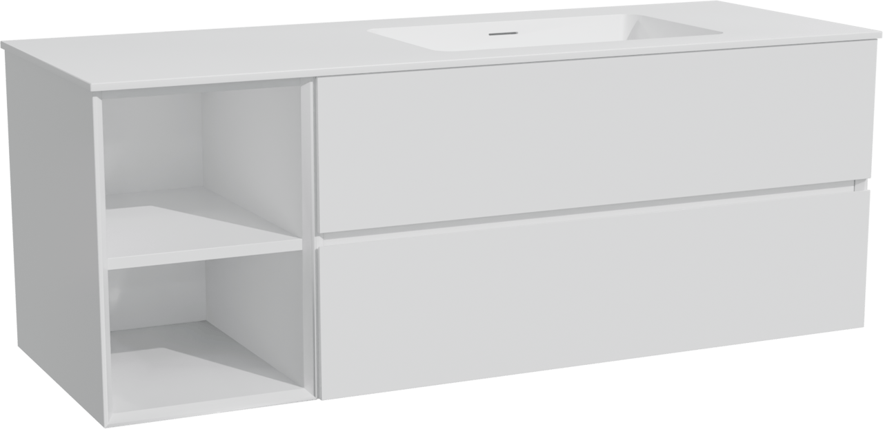 Storke Edge zwevend badkamermeubel 140 x 52 cm glanzend wit met Mata asymmetrisch rechtse wastafel in solid surface mat wit