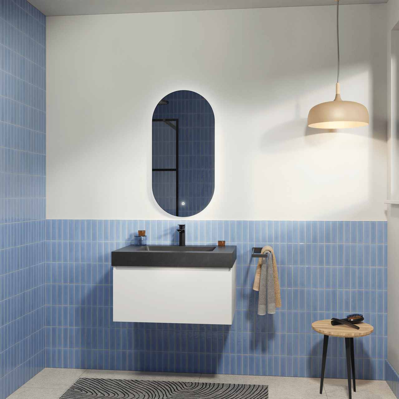 Storke Edge hängendes Möbelstück Set: 75 x 52 cm, Weiß matt, mit Scuro High Einzelwaschtisch, Quarz Schwarz matt und Somma Badspiegel