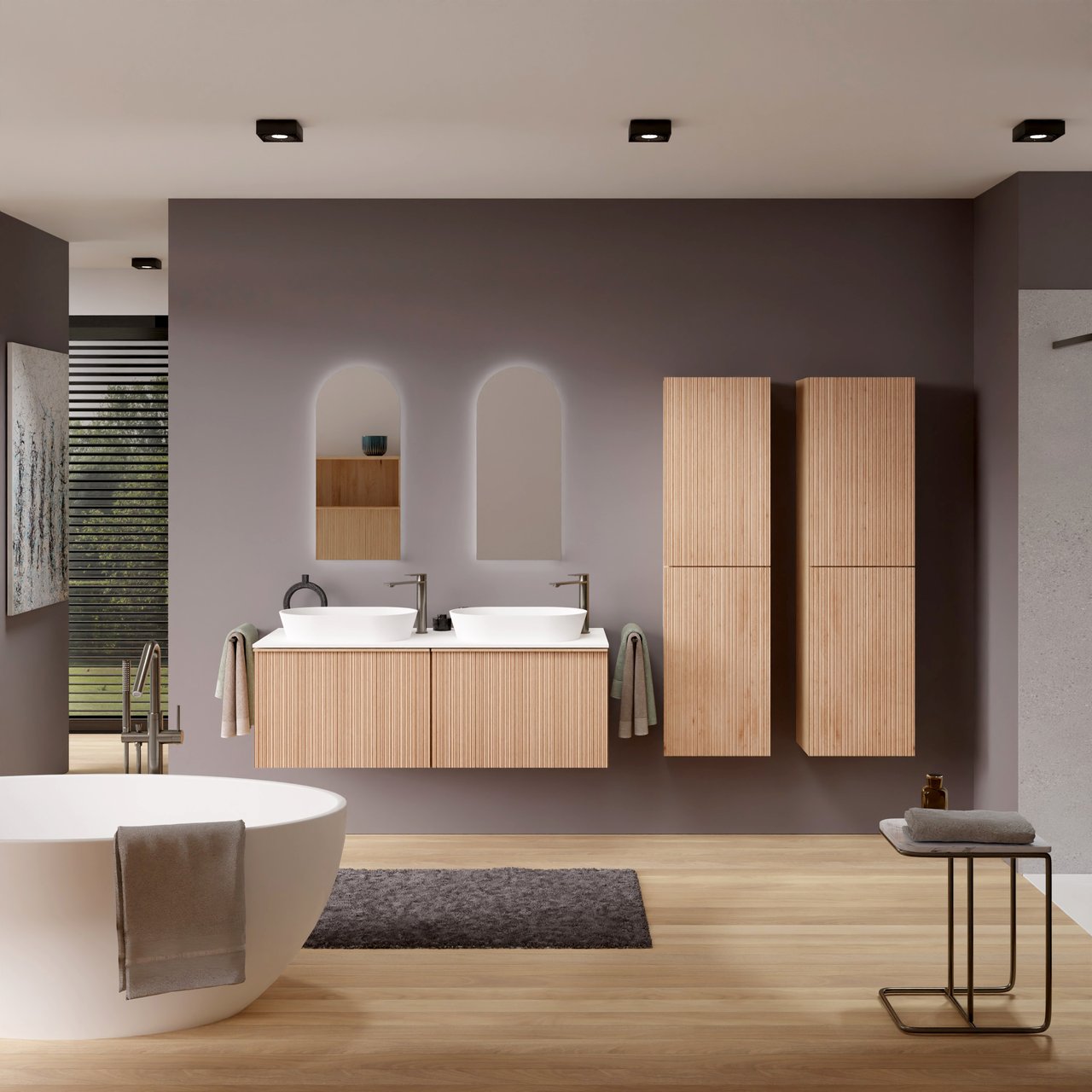 Balmani Forma hängendes Möbelstück Set: 135 x 55 cm, Naturbelassene Eiche, mit Stretto Einzel- oder Doppel Waschtischplatte, Solid Surface, Weiß matt, Vertikale asymmetrische Runde Rippe