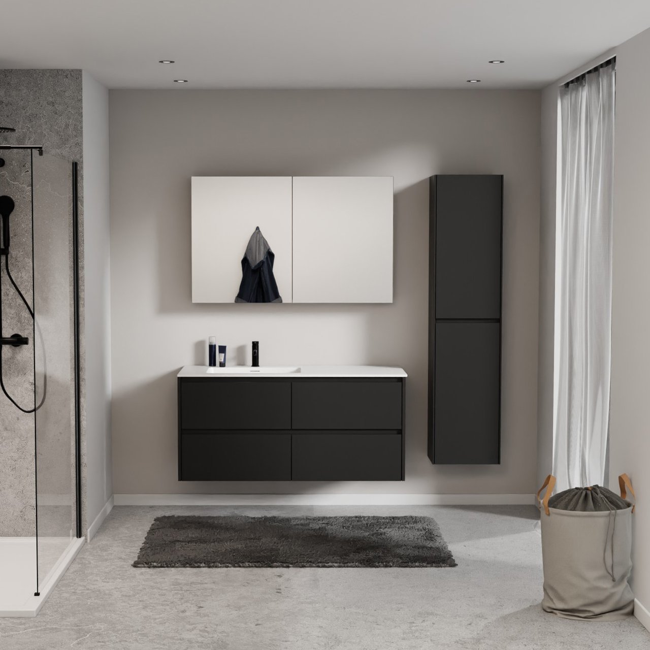 Storke Seda hängendes Möbelstück Set: 130 x 52 cm, Schwarz matt, mit Mata Waschtisch links, Solid Surface Weiß matt