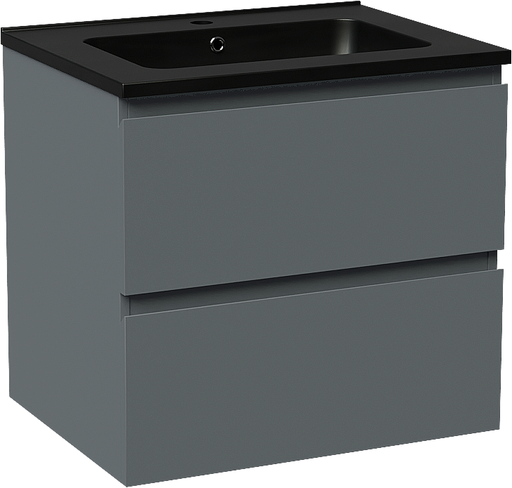 Linie Lado hängendes Möbelstück Set: 60 x 46 cm, Anthrazitblau, mit Vano Einzelwaschtisch, Marmorkomposit Schwarz matt