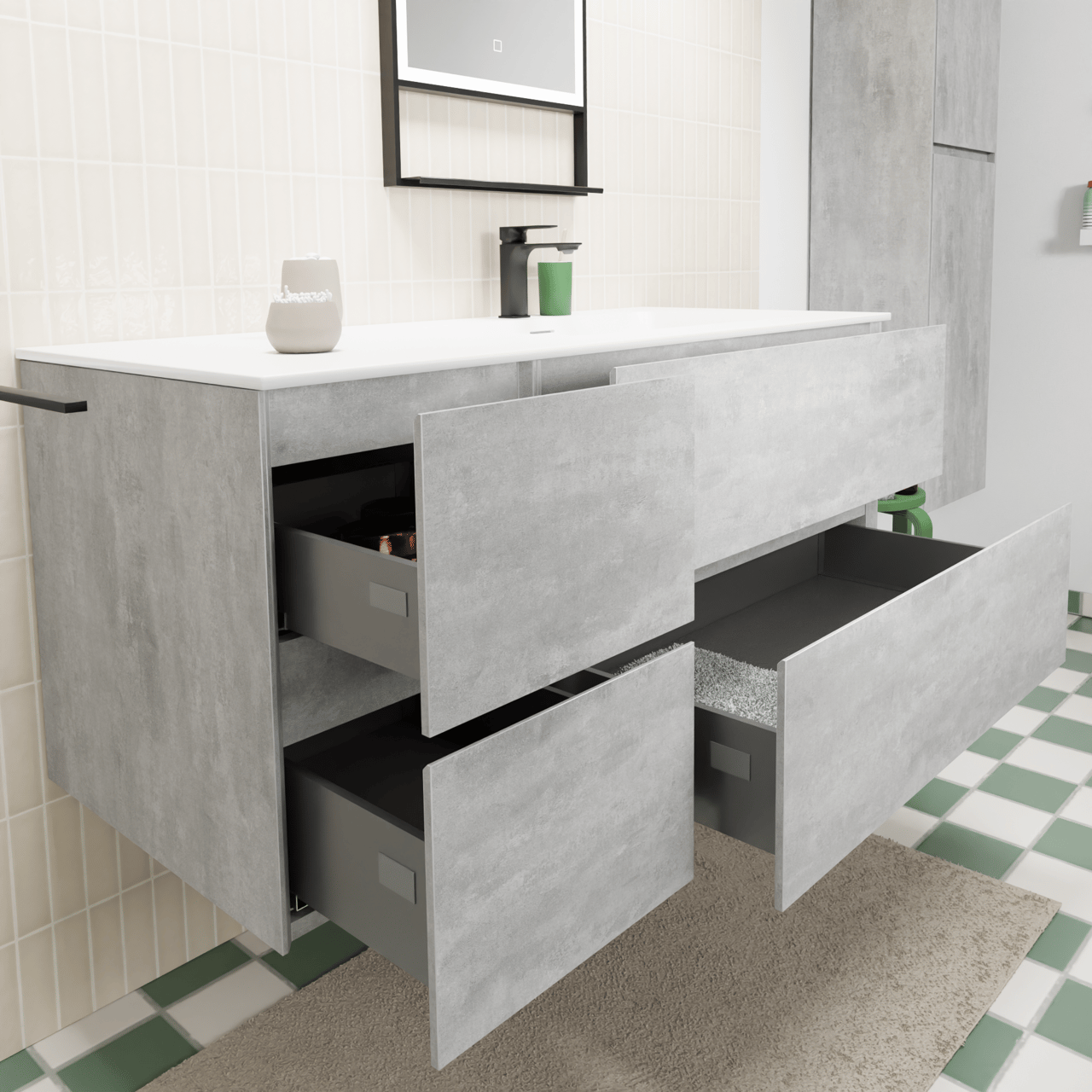 Storke Edge hängendes Möbelstück Set: 120 x 52 cm, Beton dunkelgrau, mit Mata Waschtisch rechts, Solid Surface Weiß matt