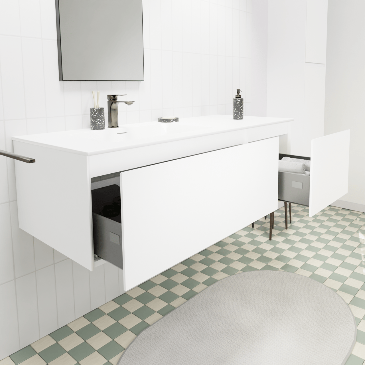 Storke Edge meuble salle de bains suspendu 130 x 52 cm blanc mat avec Mata plan vasque asymétrique à gauche en solid surface blanc mat