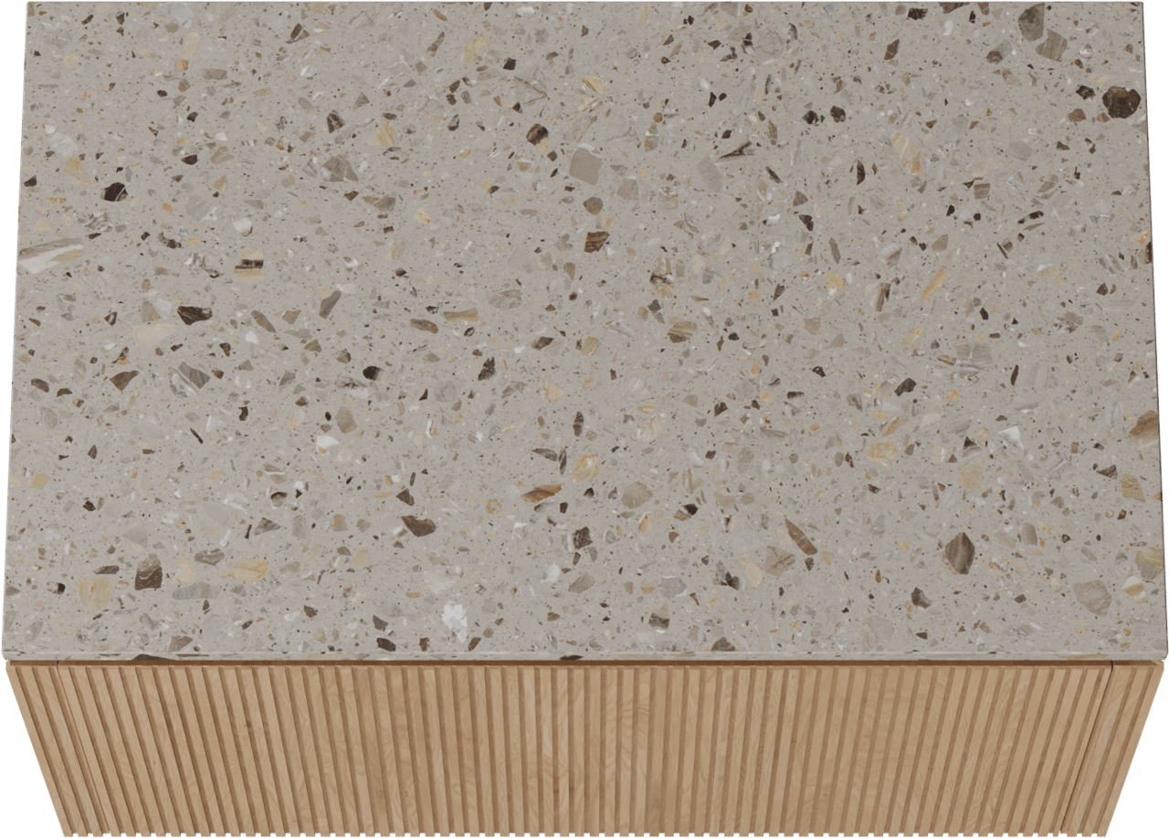 Balmani Eclips hängendes Möbelstück Set: 90 x 55 cm, Eiche Natur, mit Stretto Einzel Waschtischplatte Greige Terrazzo, Vertikale symmetrische gerade Rippe