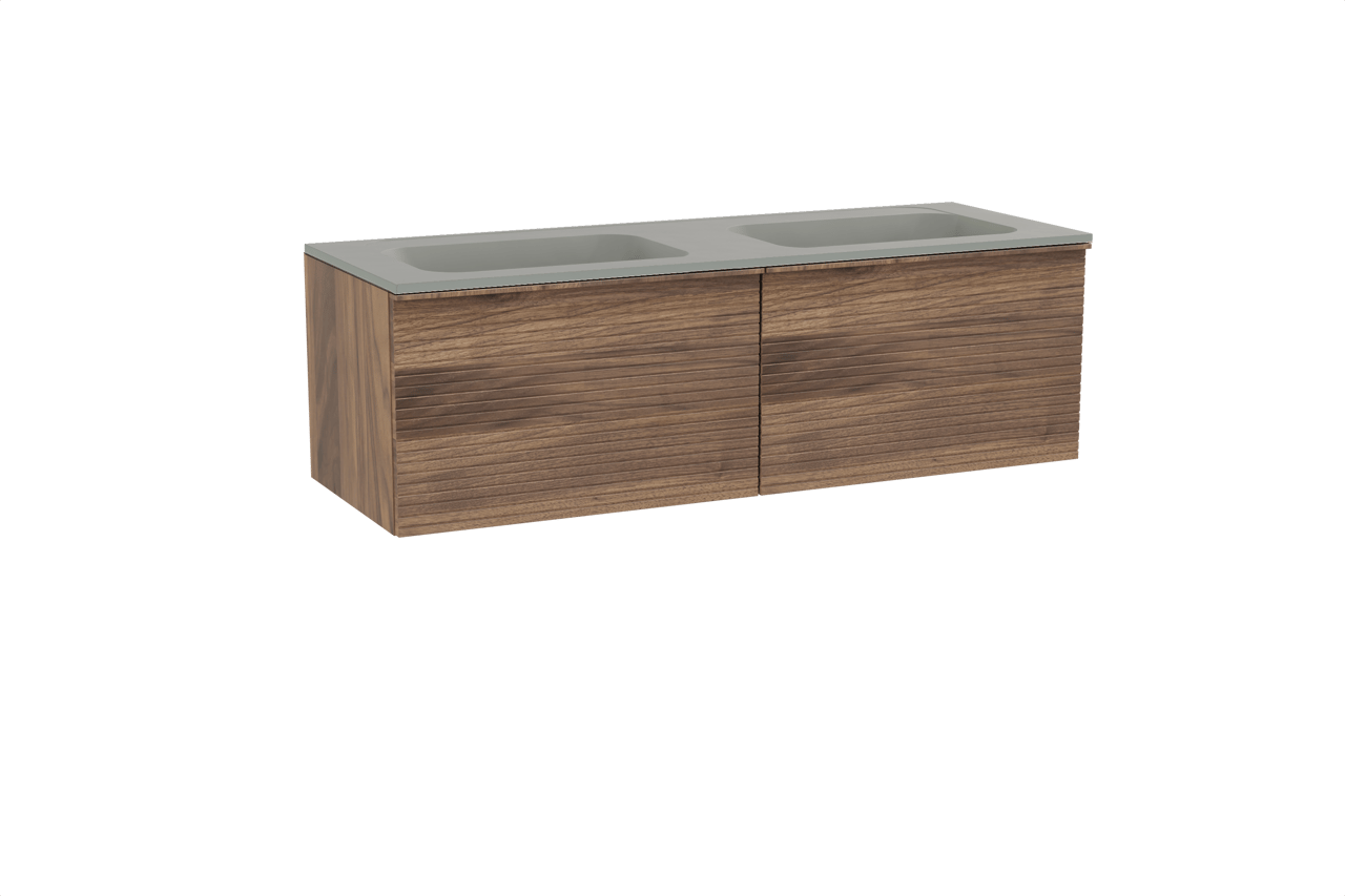 Balmani Forma meuble salle de bains suspendu 150 x 55 cm noyer américain avec Tablo Strada double vasque en marbre composite soie grise, Nervure droite symétrique horizontale