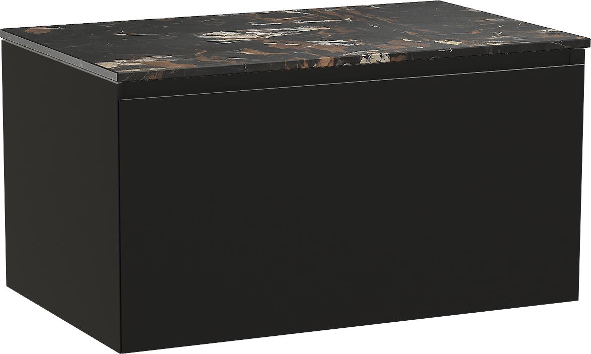 Balmani Idra hängendes Möbelstück Set: 90 x 55 cm, Schwarz matt, mit Stretto Einzel Waschtischplatte, Marmor Portoro Gold