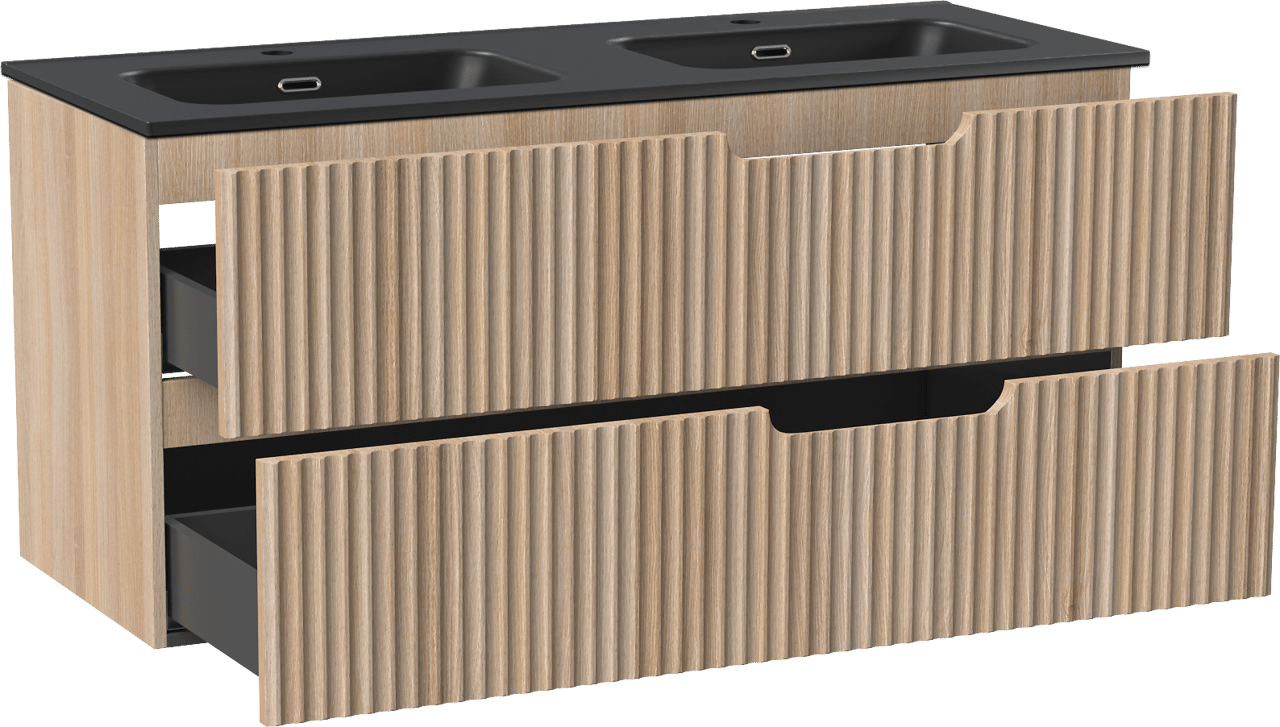 Linie Ribbo zwevend badmeubel 120 x 46 cm licht eiken met Baro dubbele wastafel in porselein mat zwart, Verticale symmetrische ronde ribbel