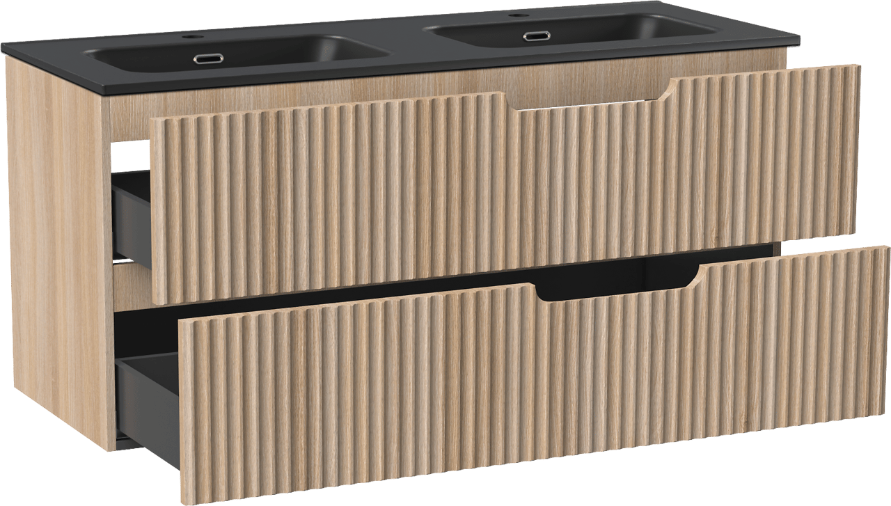 Linie Ribbo meuble salle de bains suspendu 120 x 46 cm chêne clair avec Baro double vasque en porcelaine noir mat, Nervure circulaire symétrique verticale
