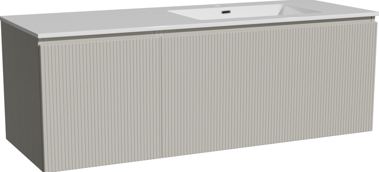 Storke Ribs zwevend badkamermeubel 140 x 52 cm zijdegrijs met Diva asymmetrisch rechtse wastafel in composietmarmer glanzend wit, Verticale symmetrische rechte ribbel