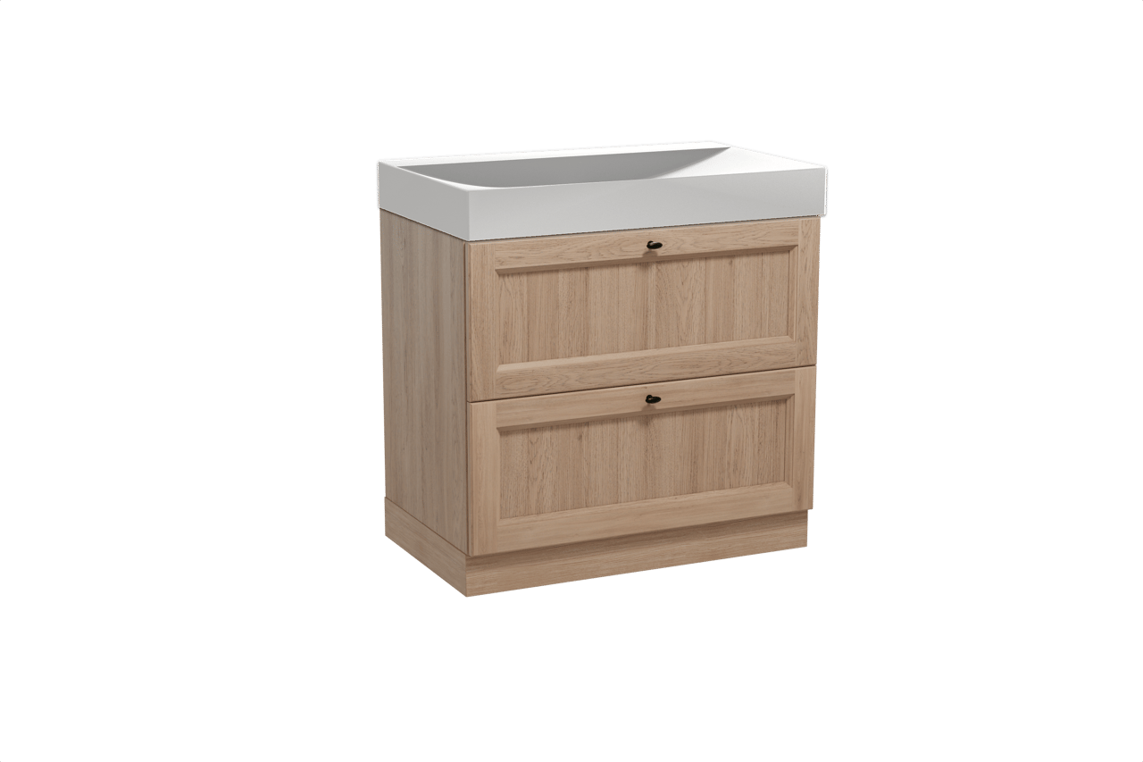 Balmani Lemon freistehendes Möbelstück Set: 90 x 55 cm, Verwitterte Eiche, mit Wave Einzelwaschtisch, Solid Surface Weiß matt