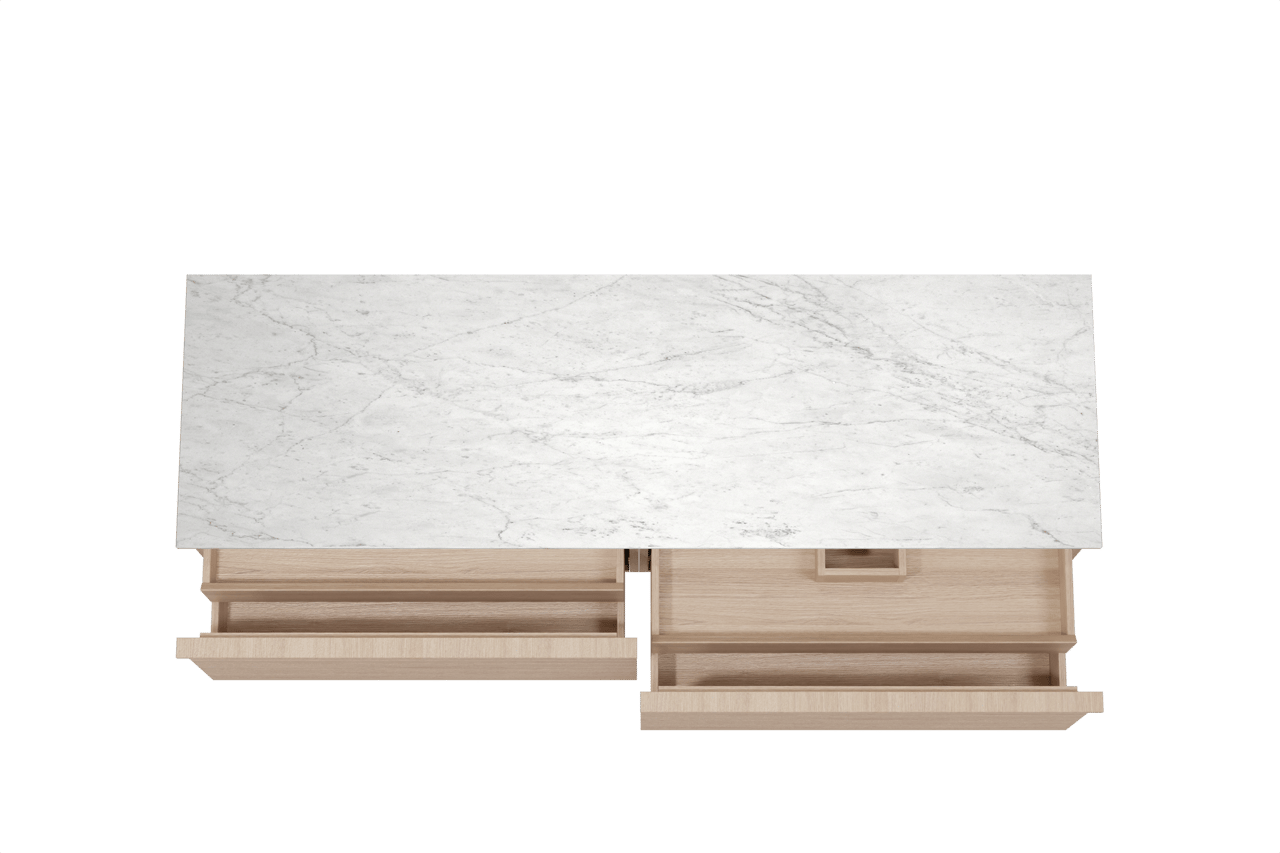 Balmani Forma zwevend badkamermeubel 180 x 55 cm natuur eik met Stretto enkel of dubbel tablet in marmer carrara, Horizontale symmetrische rechte ribbel