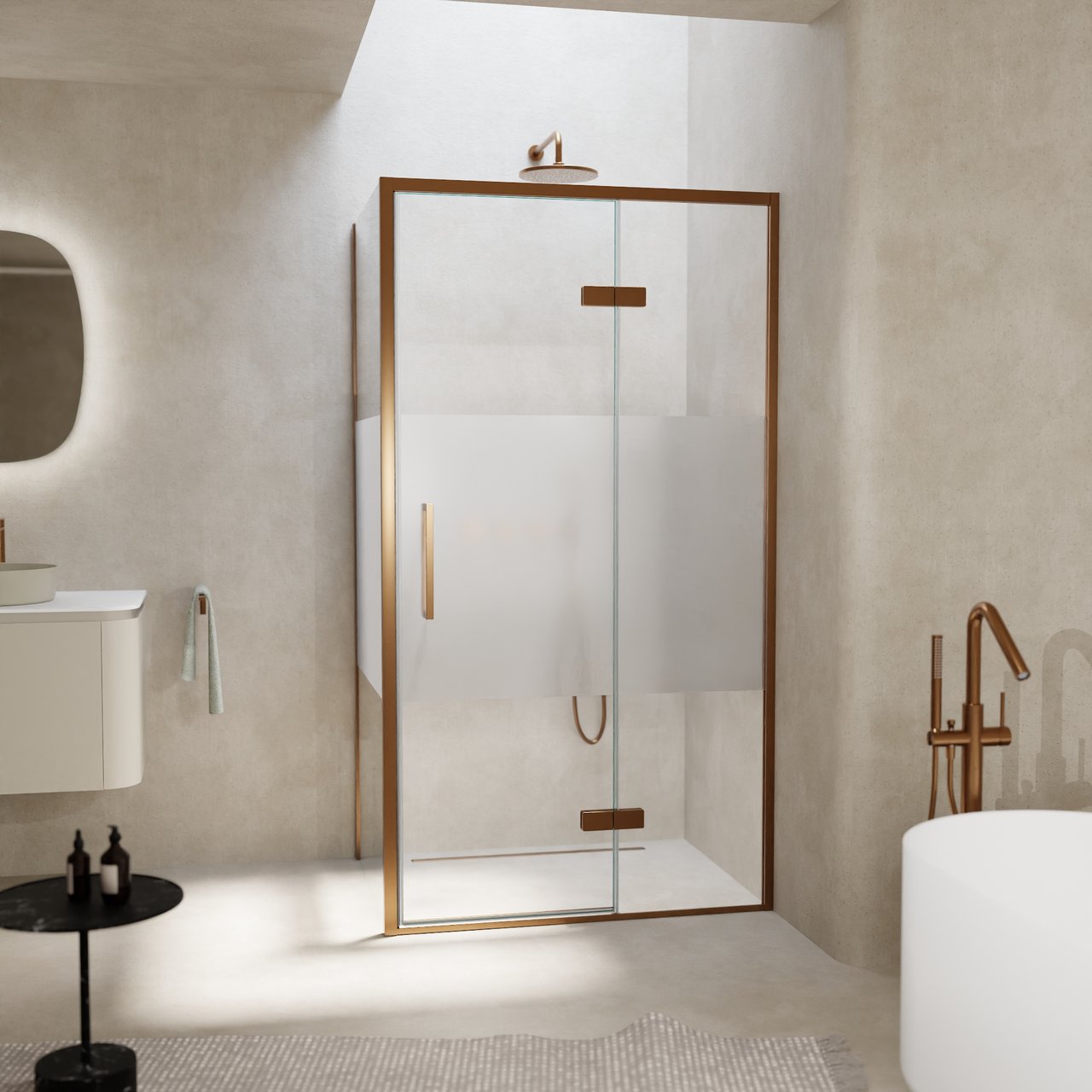 Balmani Senses Design douchehoek met rechtse draaideur en vaste zijwand, 100 x 100 cm, Helder glas met matte strook, Brushed Rosegold profielen