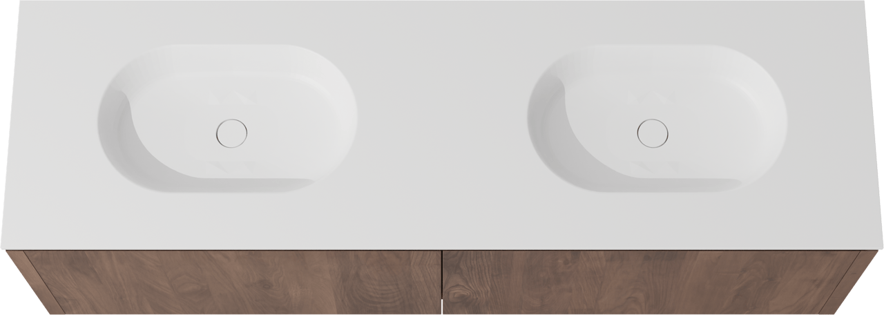 Balmani Eclips hängendes Möbelstück Set: 180 x 55 cm, Amerikanischer Nussbaum, mit Tablo Oval Doppelwaschtisch Solid Surface Weiβ matt