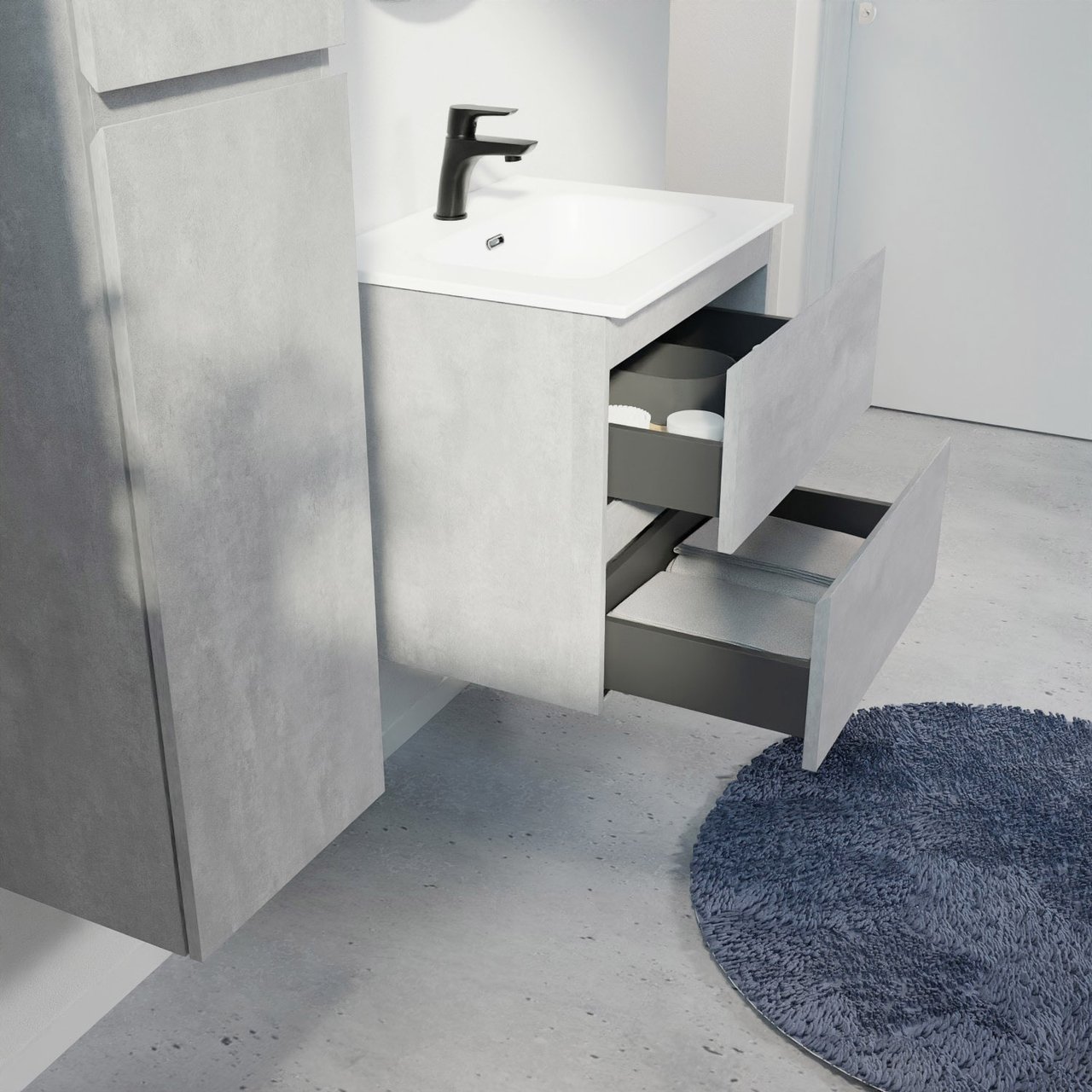 Linie Lado zwevend badmeubel 60 x 46 cm beton donkergrijs met Baro enkele wastafel in porselein mat wit
